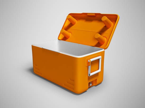 istock Orange fridge portable open for cooling for drinks isolated 3d render on gray background with shadow 1082386696
