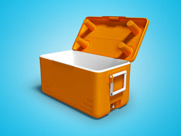 istock Orange fridge portable open for cooling for drinks isolated 3d render on blue background with shadow 1082389334