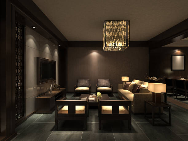 chinese living room interior - living room showcase interior luxury dining room imagens e fotografias de stock