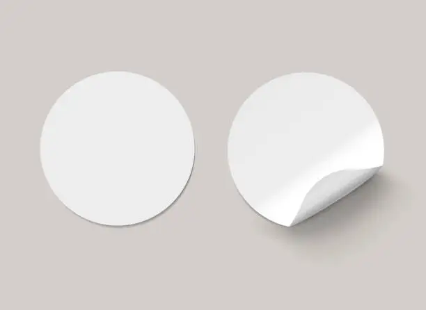 Vector illustration of Vector white realistic round paper adhesive stickers with curved corner on transparent background.