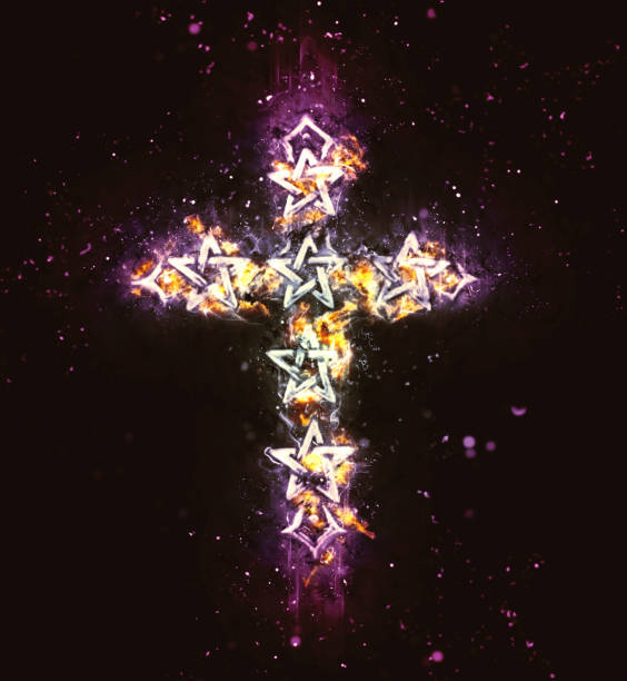 istock Pentagram Cross On Fire With Pink Haze 1082397280