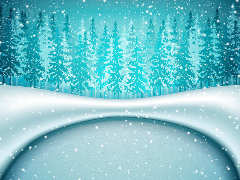 Vector illustration of winter landscape with frozen lake in forest