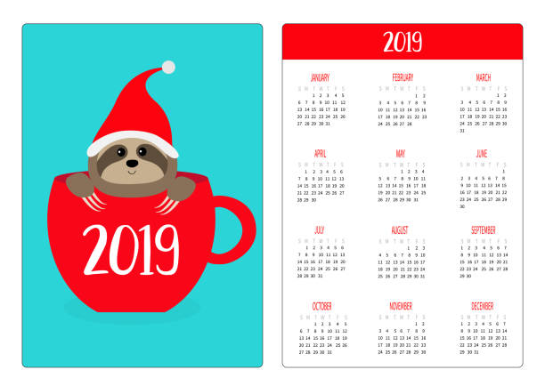 illustrations, cliparts, dessins animés et icônes de paresse, assis dans la tasse de thé café rouge. bonnet de noel. poche simple calendrier mise en 2019 nouvel an. la semaine commence le dimanche. personnage de dessin animé mignon. orientation verticale. design plat. fond bleu. - day of the week