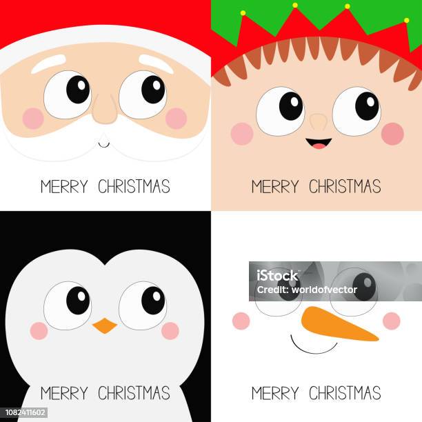 Merry Christmas Santa Claus Elf Snowman Penguin Bird Square Face Head Icon Set New Year Cute Cartoon Funny Spooky Baby Character Greeting Card Flat Design Winter Background Stock Illustration - Download Image Now
