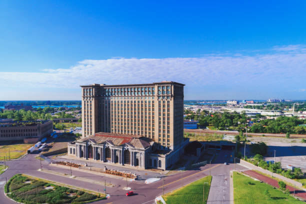 Michigan Central Train Depot Aerial view Detroit Michigan Michigan Central Train Depot Aerial view Detroit Michigan detroit ruins stock pictures, royalty-free photos & images