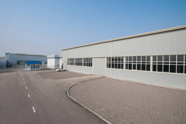 warehouse building in length. the facade of the factory in length
