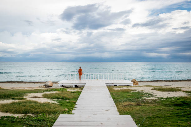 istock Woman on a wooden path by the beach 1082419118