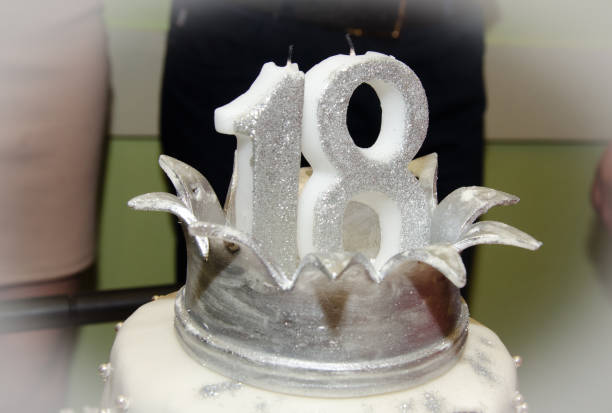 istock birthday cake with silver candles number 18 1082420110