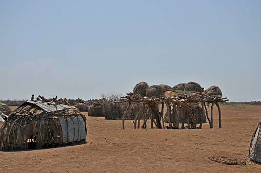 Omorate, Ethiopia - January, 01, 2016:  life in the village of Daasanach tribe