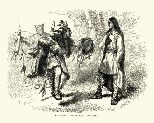 Converted Native American and Pow wow Vintage engraving of Converted Native American and Pow wow. A pow wow (also powwow or pow-wow) is a social gathering held by many different Native American communities. A modern pow wow is a specific type of event for Native American people to meet and dance, sing, socialize, and honor their cultures. pow wow stock illustrations