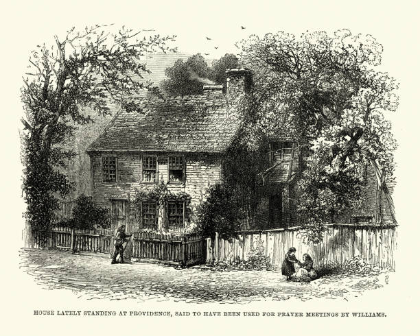 House in Providence used by Roger Williams Vintage engraving of a House in Providence, Rhode Island, said to have been used for prayer meetings by Roger Williams a Puritan minister, theologian, and author who founded the Colony of Rhode Island and Providence Plantations. providence house stock illustrations
