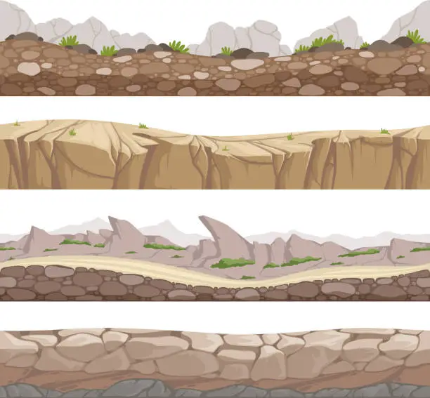 Vector illustration of Stone road seamless. Rocky game backgrounds with various types of stones vector cartoon collection