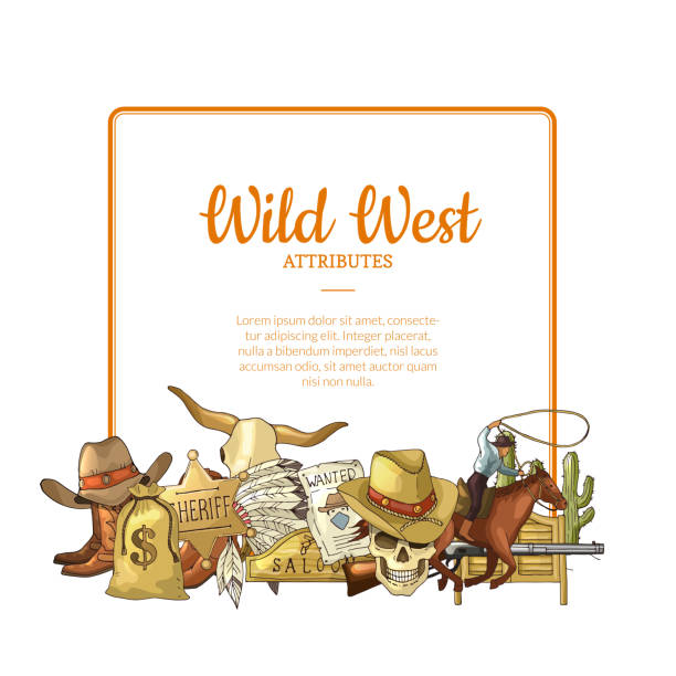 Vector hand drawn wild west cowboy elements below frame with place for text illustration Vector hand drawn wild west cowboy elements below frame with place for text illustration. West cowboy and wild horse, sheriff american drawing of the old west saloon signs stock illustrations