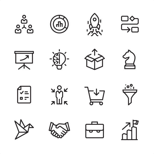 Product Management - outline icon set 16 line black on white icons / Product Management Set #71
Pixel Perfect Principle - all the icons are designed in 48x48pх square, outline stroke 2px.

First row of outline icons contains: 
Delegation Tasks, Diagram, Launch Rocket (Start Up), Organization Chart;

Second row contains: 
Presentation, Creativity, Product Release, Business Strategy;

Third row contains: 
Checklist, Focus on user, Buying, Separating; 

Fourth row contains: 
Prototype, Handshake, Briefcase, Achievement.

Complete Inlinico collection - https://www.istockphoto.com/collaboration/boards/2MS6Qck-_UuiVTh288h3fQ separating funnel stock illustrations
