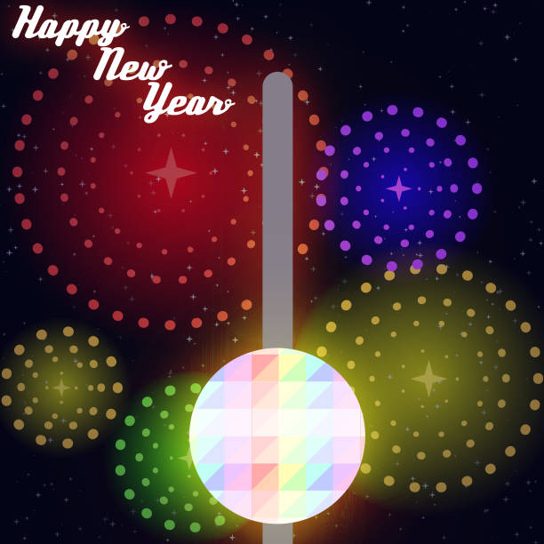 Happy New Year Time's Square Ball The Time's Square Ball with fireworks in the background and the text "Happy New Year" in the corner. new years eve new york stock illustrations