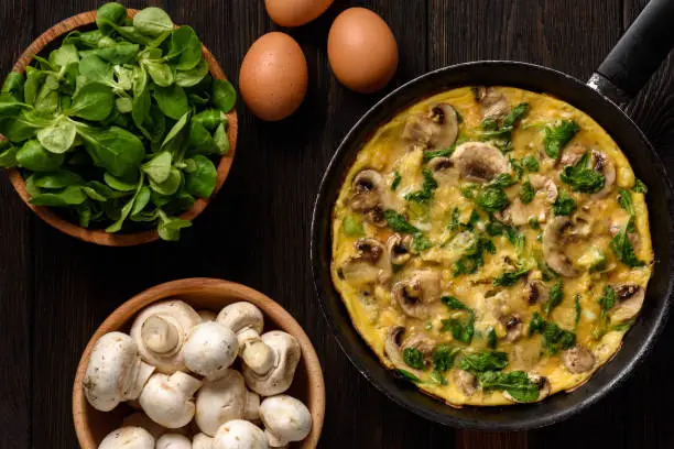 Omelette with mushrooms and cheese, on dark wooden background.