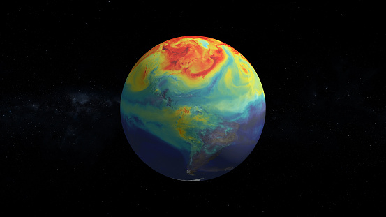 Carbon dioxide emission on Earth. Massive CG graphics created using VC orb plug-in mixed with NASA imagery. Texture map used from: https://svs.gsfc.nasa.gov/11683