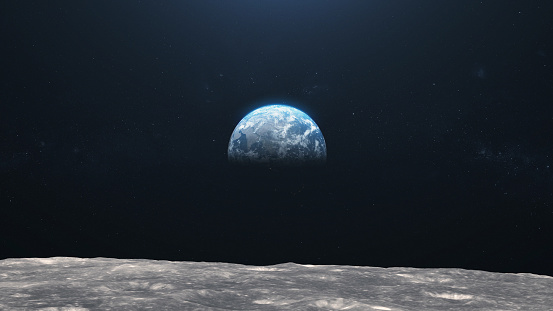 Moon seen from space. CG graphics created using 3d studio max. Hi-res maps and shaders are included. Texture map used from: https://www.solarsystemscope.com/textures/download/8k_moon.jpg https://www.solarsystemscope.com/textures/download/8k_earth_daymap.jpg; https://www.solarsystemscope.com/textures/download/8k_earth_nightmap.jpg; https://www.solarsystemscope.com/textures/download/8k_earth_clouds.jpg
