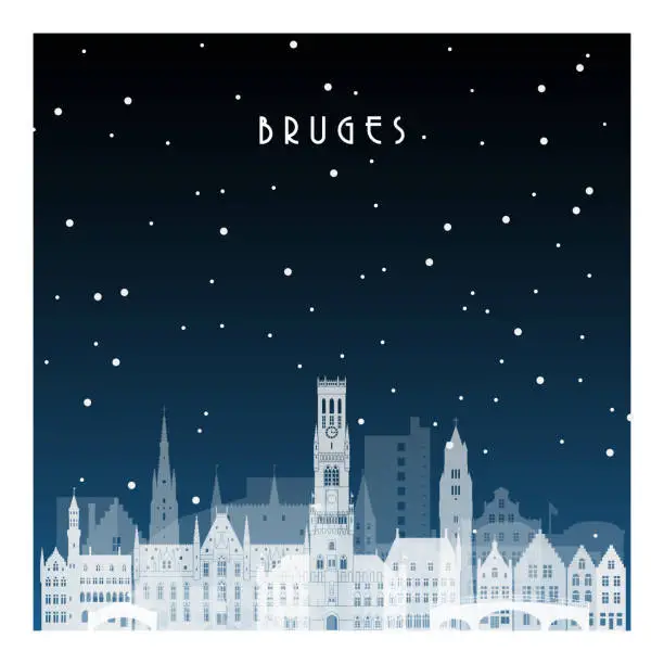 Vector illustration of Winter night in Bruges. Night city in flat style for banner, poster, illustration, background.