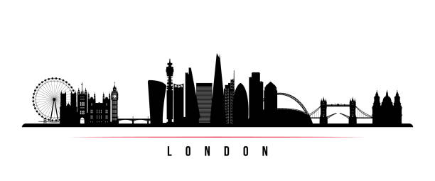 ロンドン都市スカイライン水平バナー。ロンドン市の黒と白のシルエット。あなたのデザインのベクトル テンプレートです。 - large dome点のイラスト素材／クリップアート素材／マンガ素材／アイコン素材