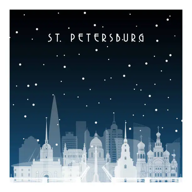 Vector illustration of Winter night in St. Petersburg. Night city in flat style for banner, poster, illustration, background.