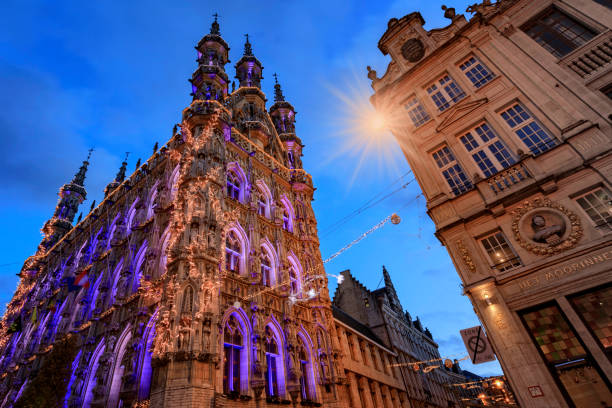 Leuven, Belgium - December 26, 2017: illuminated town hall of Leuven
