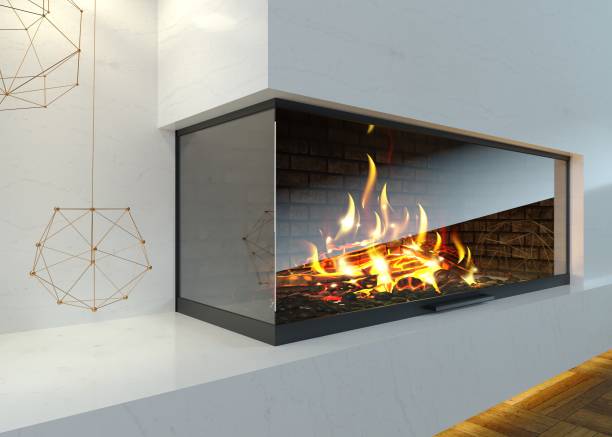 istock Modern glass corner fireplace in the interior 1082464602