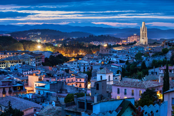 City of Girona at blue hour evening in Catalonia, Spain