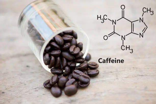 Caffeine chemical structure and a cup of coffee show chemical background