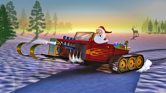 Santa had been working the reindeer a little too hard, so I decided to create a new hot rod sleigh. I modeled the sleigh in Google Sketchup and textured it in Vue Complete. The terrain is 3D and modeled by me in Vue Complete. The scene was rendered in Vue Complete. Photoshop & ArtRage were used to give the image a paintery look.