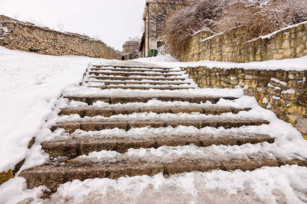 old stone stairs within the Belgrade Fortress under the snow