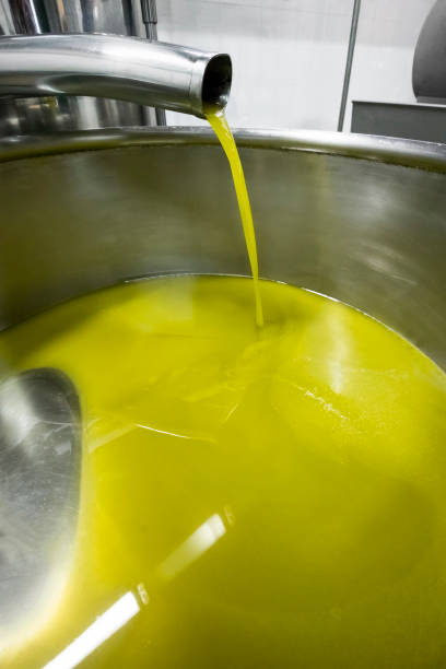 Production of extra virgin olive oil, cold processing Detail of olive oil production line, last phase, centrifugal oil extraction olive oil pouring antioxidant liquid stock pictures, royalty-free photos & images