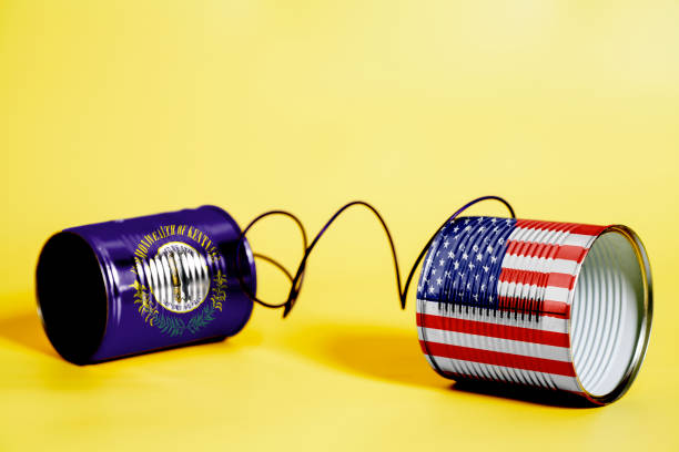 tin can phone with USA and Kentucky U.S. state Flags. communication concept