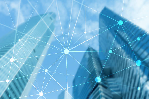 istock Blockchain network on blurred skyscrapers background. Financial technology and communication concept. 1082509858