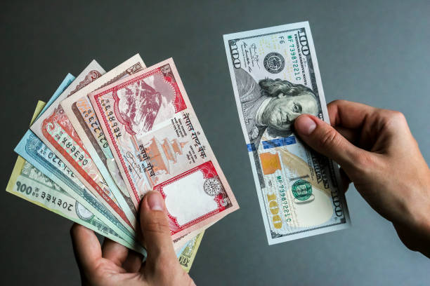 istock Hands with nepalese and american currency (banknotes). 1082514552