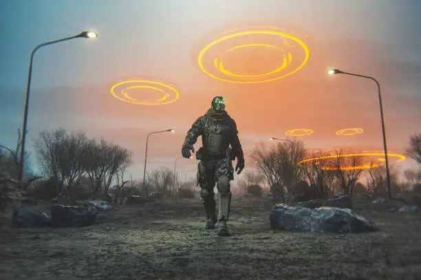 Photo of Futuristic cyborg walking in desert with flying UFOs