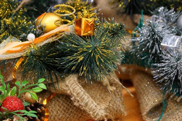 istock baskets with New Year's decor from green coniferous branches and ornaments 1082518328