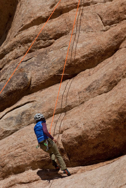 Rock Climbing at Joshua Tree National Park Joshua Tree National Park in California attracts rock climbers from all over the world. This high desert gneiss formation climbing mecca is famous for its traditional crack, slab, and steep face climbing.  This woman climber is making her way up an almost vertical face while being belayed from below. jeff goulden joshua tree national park stock pictures, royalty-free photos & images