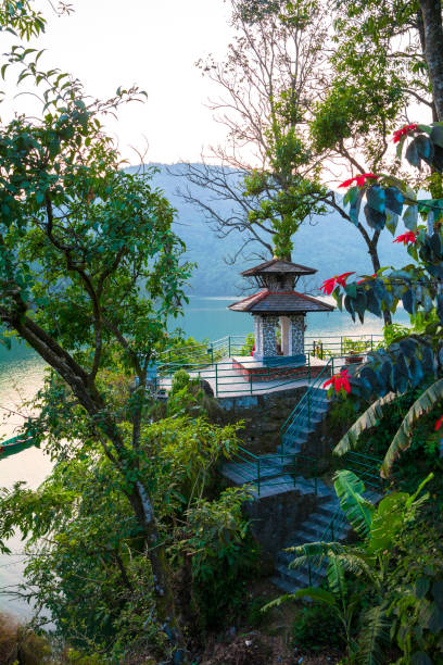 costa verde do lago fewa, pokhara. pequeno templo hindu e árvores floridas. - phew - fotografias e filmes do acervo