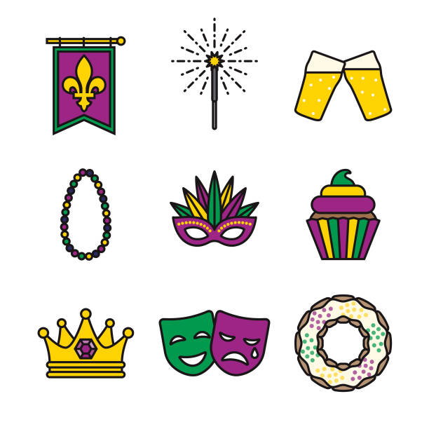 Mardi Gras Thin Line Icon Set A thin line styled icon set with a long side shadow. Color swatches are global so it’s easy to edit and change the colors. new orleans mardi gras stock illustrations