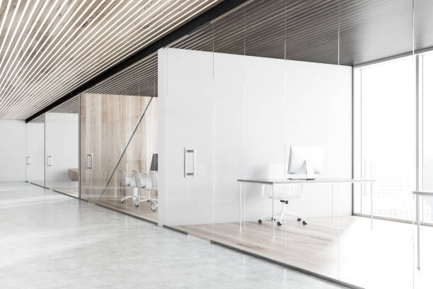 istock Office corridor, glass walls side view 1082541896