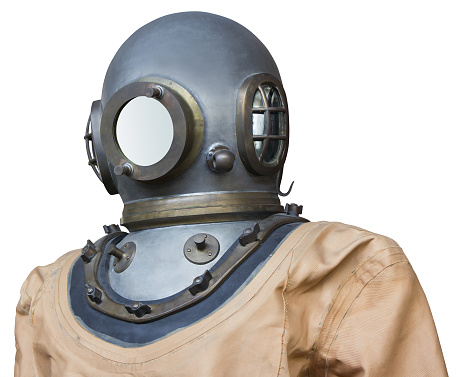 Old Vintage suit of a diver isolated on white background