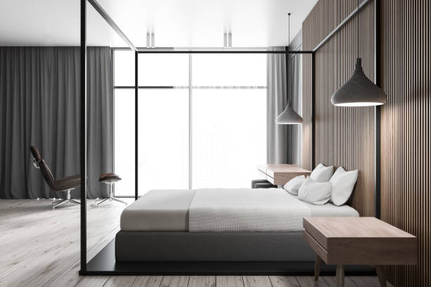 istock Gray curtain bedroom interior 1082542182