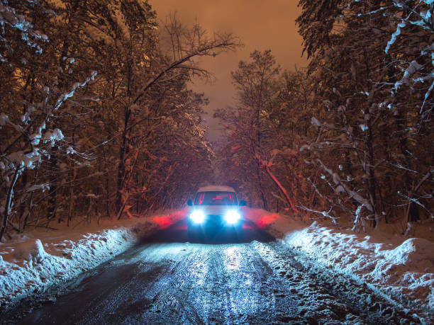 istock The car on the forest road. evening night time 1082549942