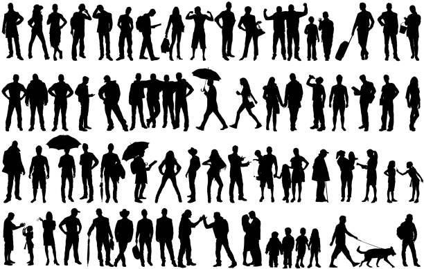 isolierte silhouetten mit großen gruppe von menschen - shadow men silhouette people stock-grafiken, -clipart, -cartoons und -symbole