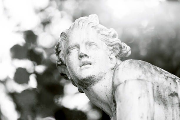 istock Old marble statue of David, black and white, bokeh background, copy space 1082564206