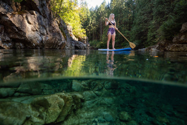 Over and Under of girl paddle boarding Over and Under Picture of a young Caucasian girl paddle boarding in a river during a sunny summer day. Taken in Alouette Lake, near Vancouver, BC, Canada. alouette lake stock pictures, royalty-free photos & images