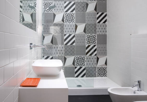 istock Contemporary minimalist bathroom with walk in shower, 1082569322