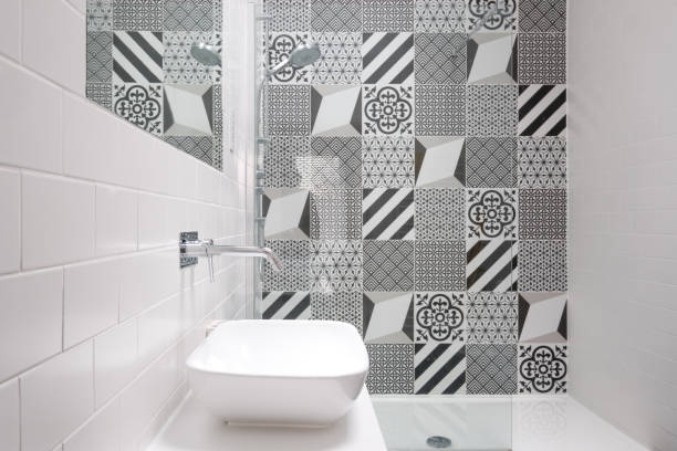 istock Contemporary minimalist bathroom with walk in shower, 1082569348