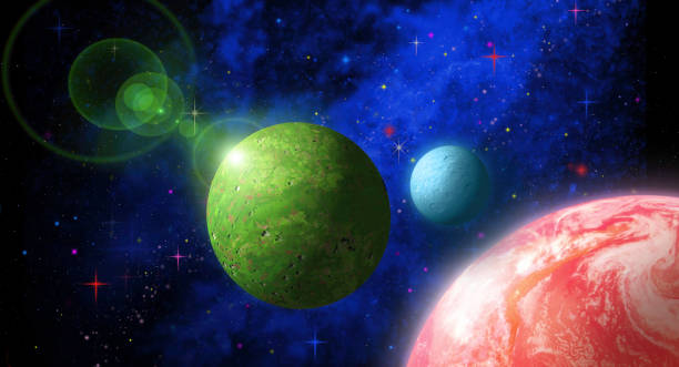 istock Red and Green Planets with Lens Flare in Outer Space - Fantasy Science Fiction Wallpaper 1082571976